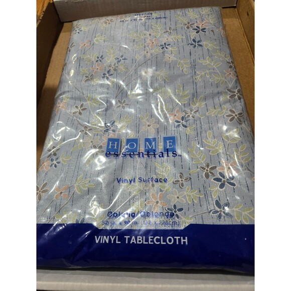 Essential Home 52"  x 90" Oblong Flannel Tablecloth Vinyl Back Blue Kmart Vtg - Picture 1 of 3